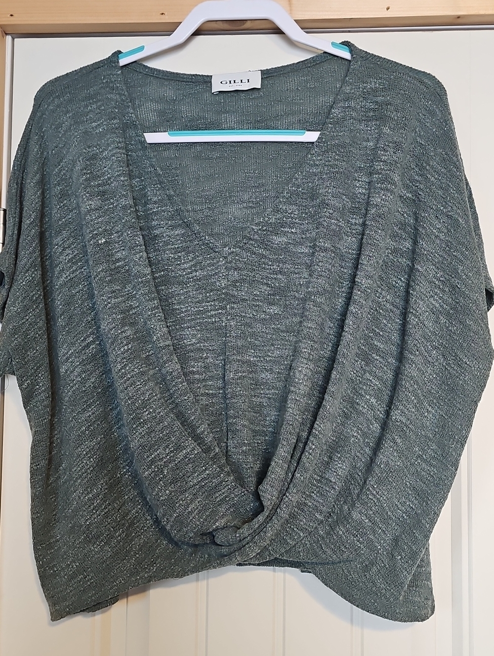 Gilli Sage Green Draped V-Neck Knit Top